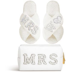 Personalized Initial Wedding Bride Slippers Mrs Pearl Letter Makeup Bag Bridal🖐